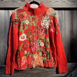 Coldwater Creek Floral Embroidered Cardigan - orange